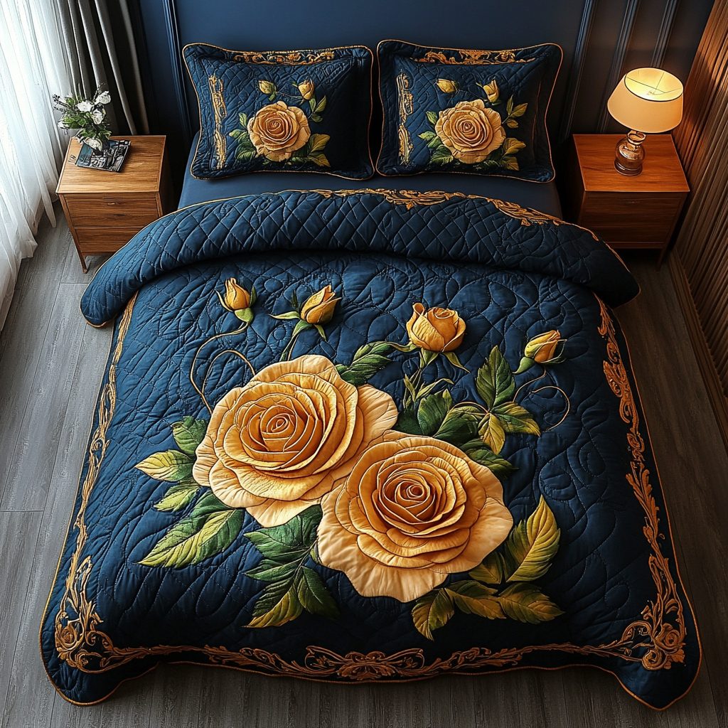 Golden Roses Grace quilted 3-piece bedding set on a made bed with two matching pillow shams