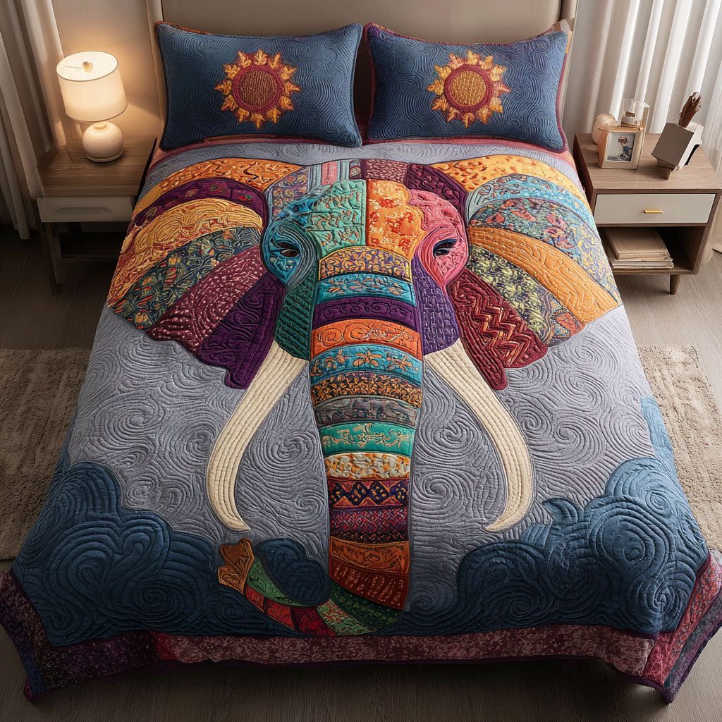 Golden Safari quilted 3-piece bedding set on a made bed with two matching pillow shams