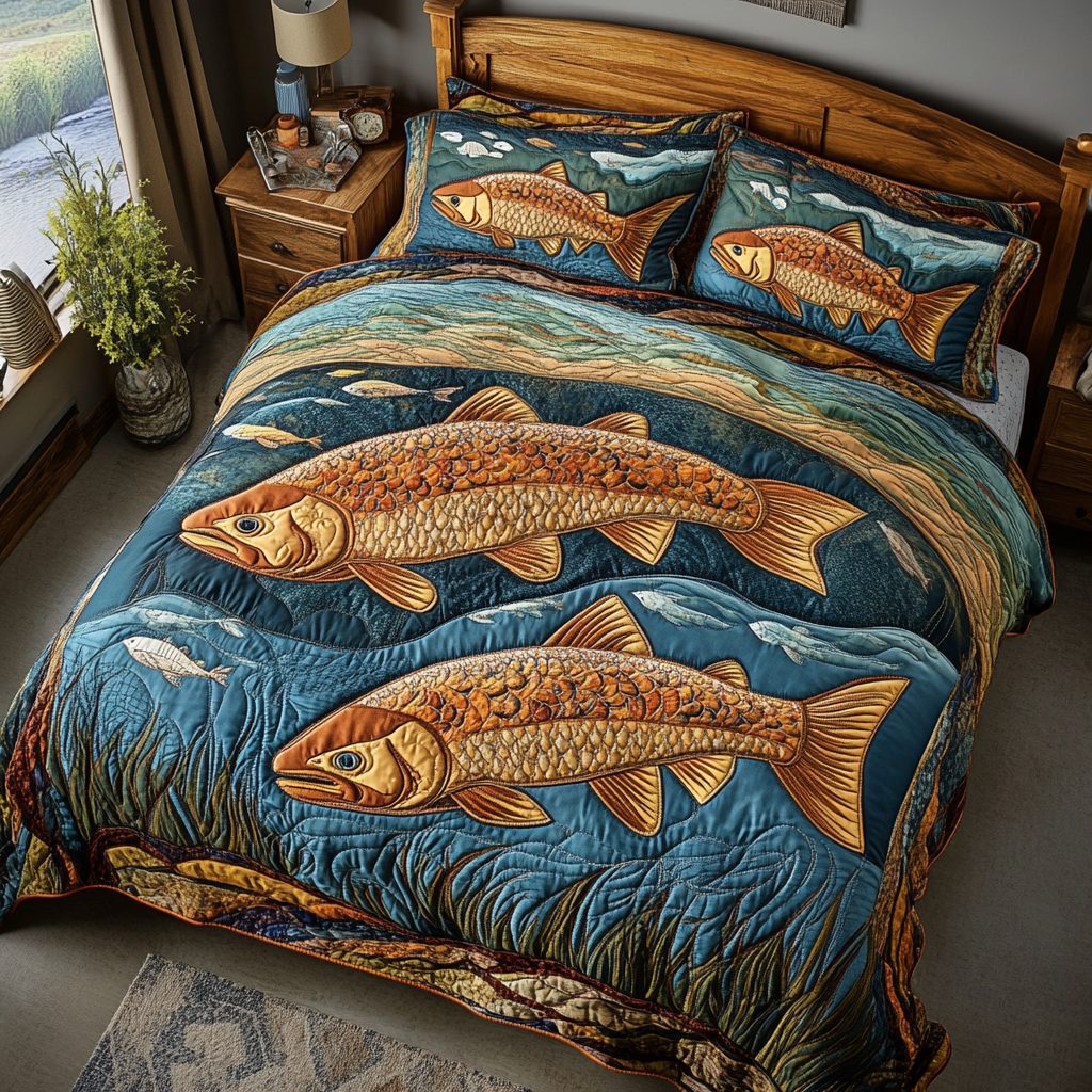 Golden Salmon quilted 3-piece bedding set on a made bed with two matching pillow shams