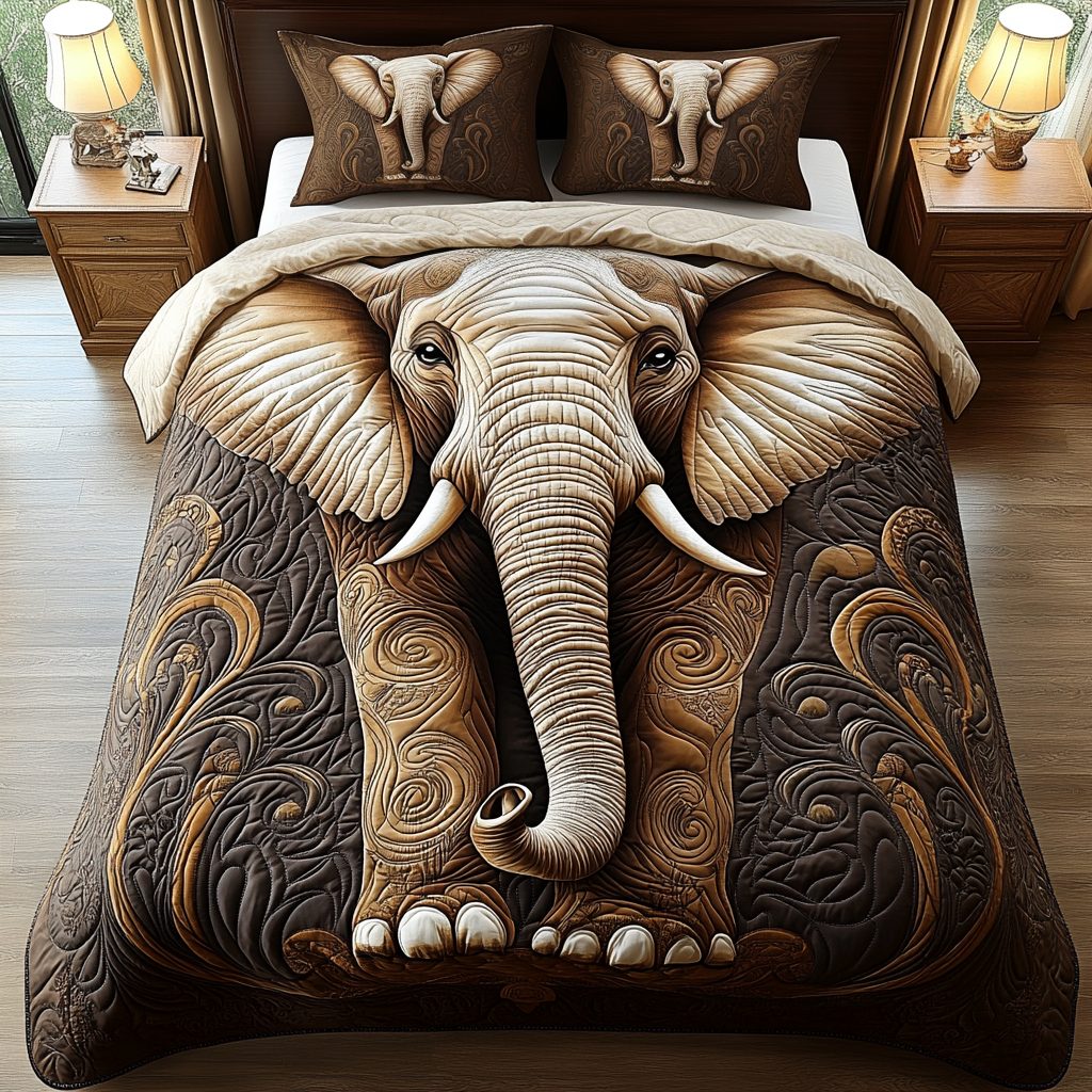 Golden Savannah quilted 3-piece bedding set on a made bed with two matching pillow shams