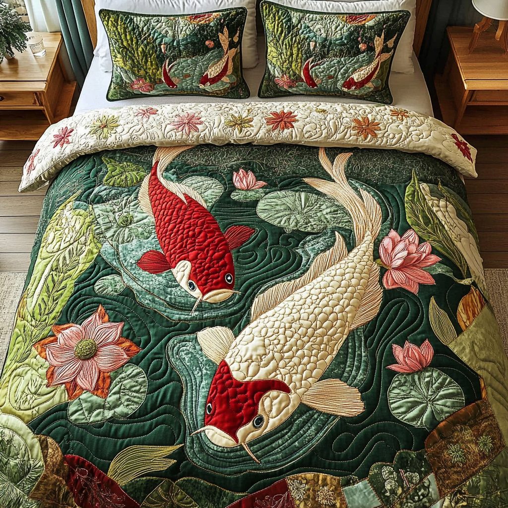 Golden Scales quilted 3-piece bedding set on a made bed with two matching pillow shams