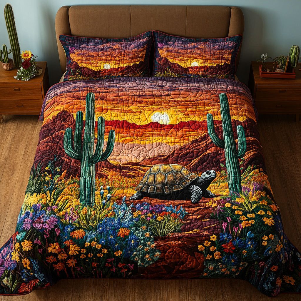 Golden Shell quilted 3-piece bedding set on a made bed in a light coastal bedroom