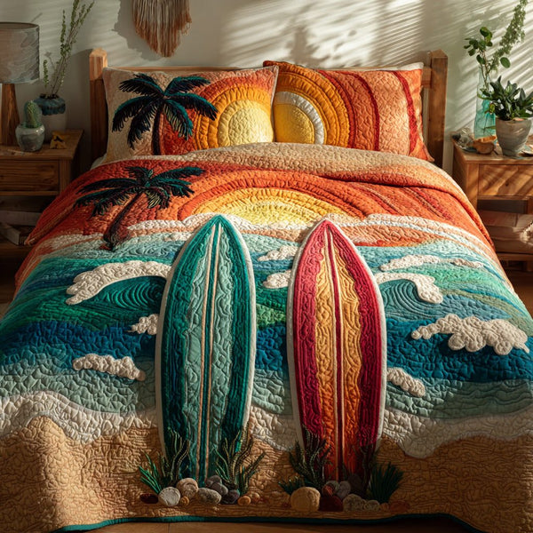 Golden Shores quilted 3-piece bedding set on a made bed in a light coastal bedroom