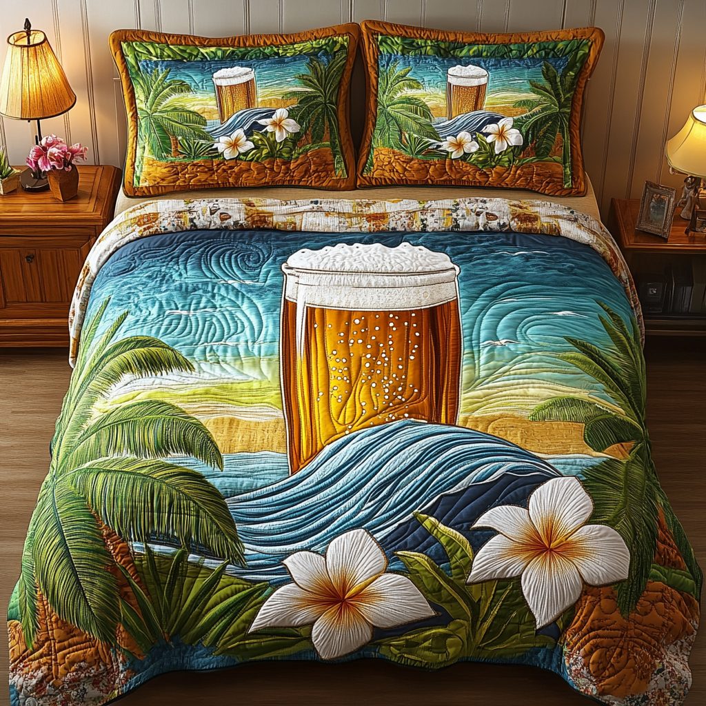 Golden Sip quilted 3-piece bedding set on a made bed with two matching pillow shams