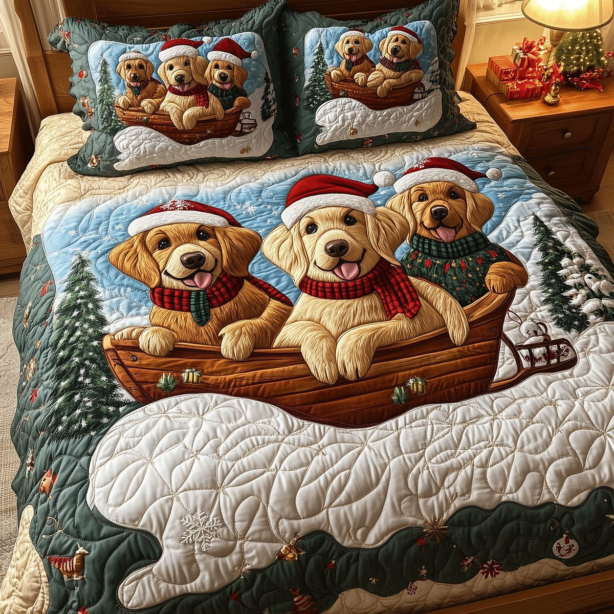 Golden Sleigh Adventure quilted 3-piece bedding set on a made bed in a winter-styled bedroom