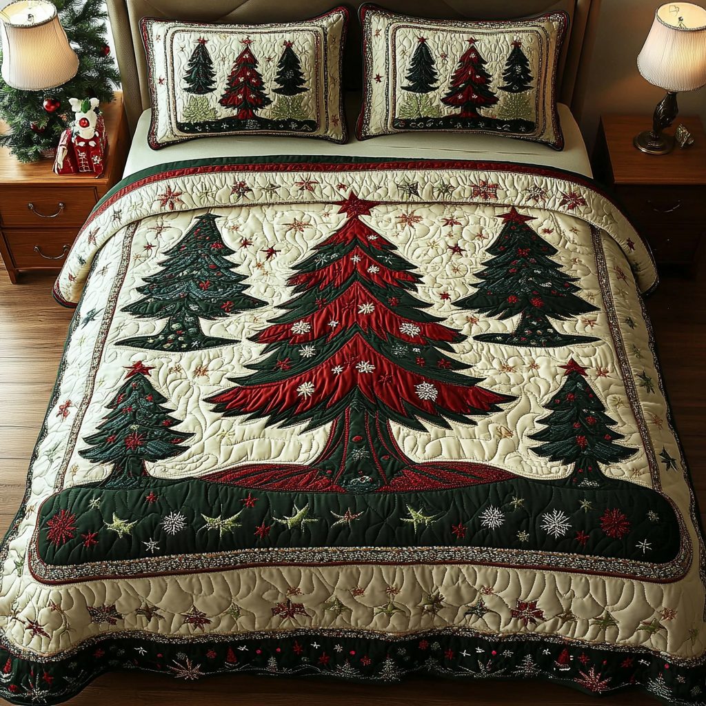 Golden Sparkle quilted 3-piece bedding set on a made bed with two matching pillow shams