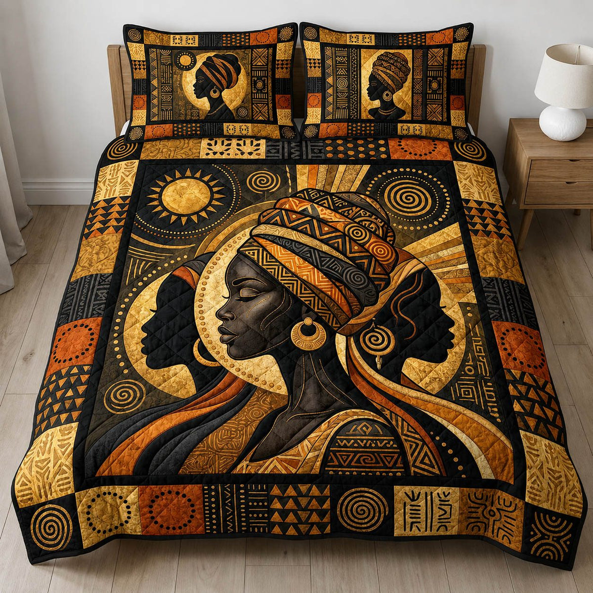 Golden Spirit quilted 3-piece bedding set on a made bed with two matching pillow shams