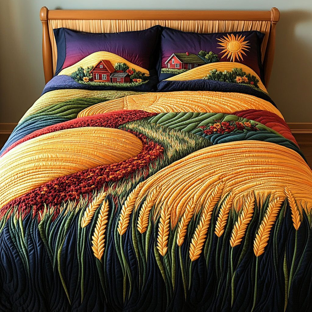 Golden Stalks quilted 3-piece bedding set on a made bed with two matching pillow shams