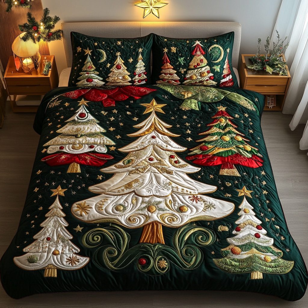 Golden Star quilted 3-piece bedding set on a made bed with two matching pillow shams