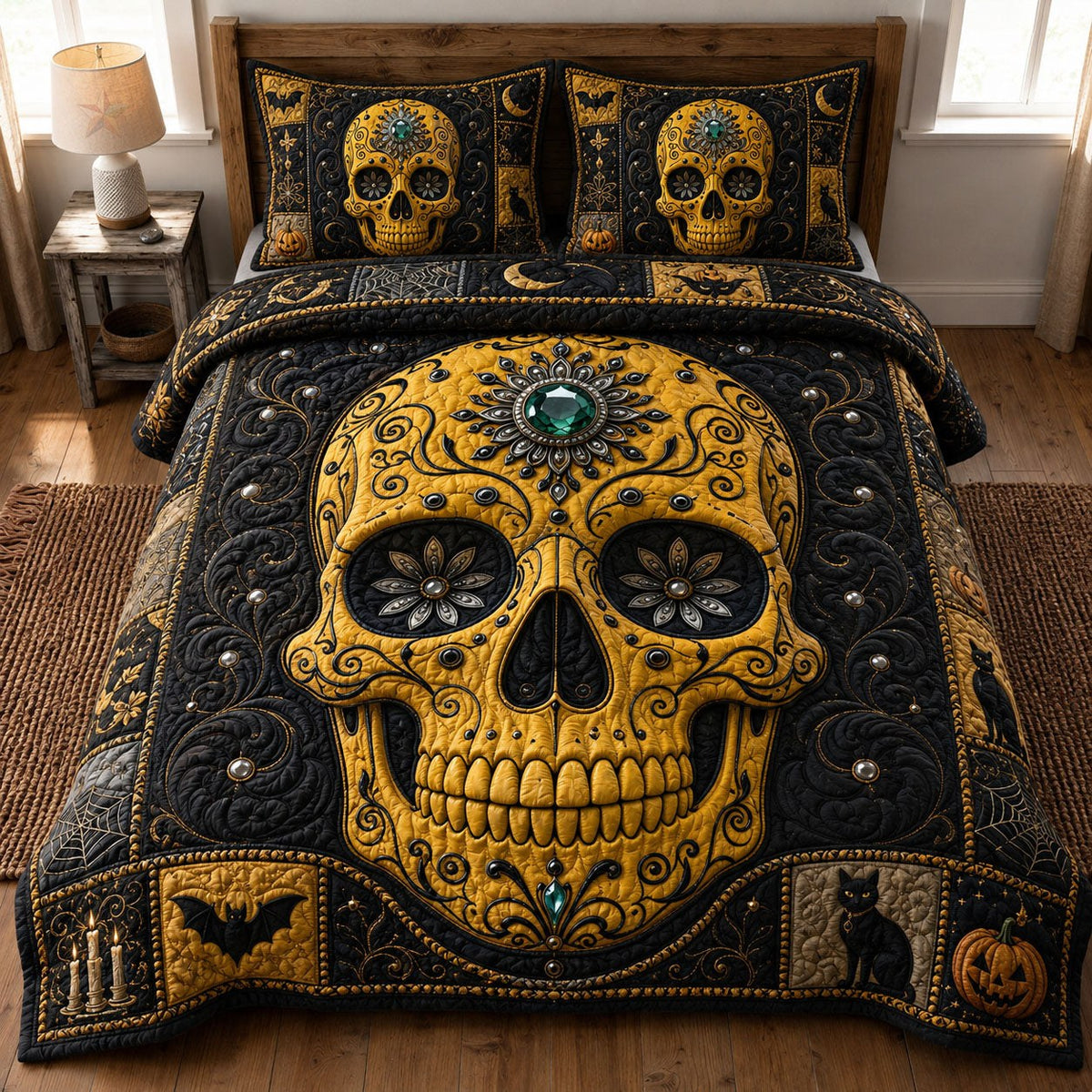 Golden Sugar Skull Halloween quilted 3-piece bedding set on a made bed against a dark styled interior