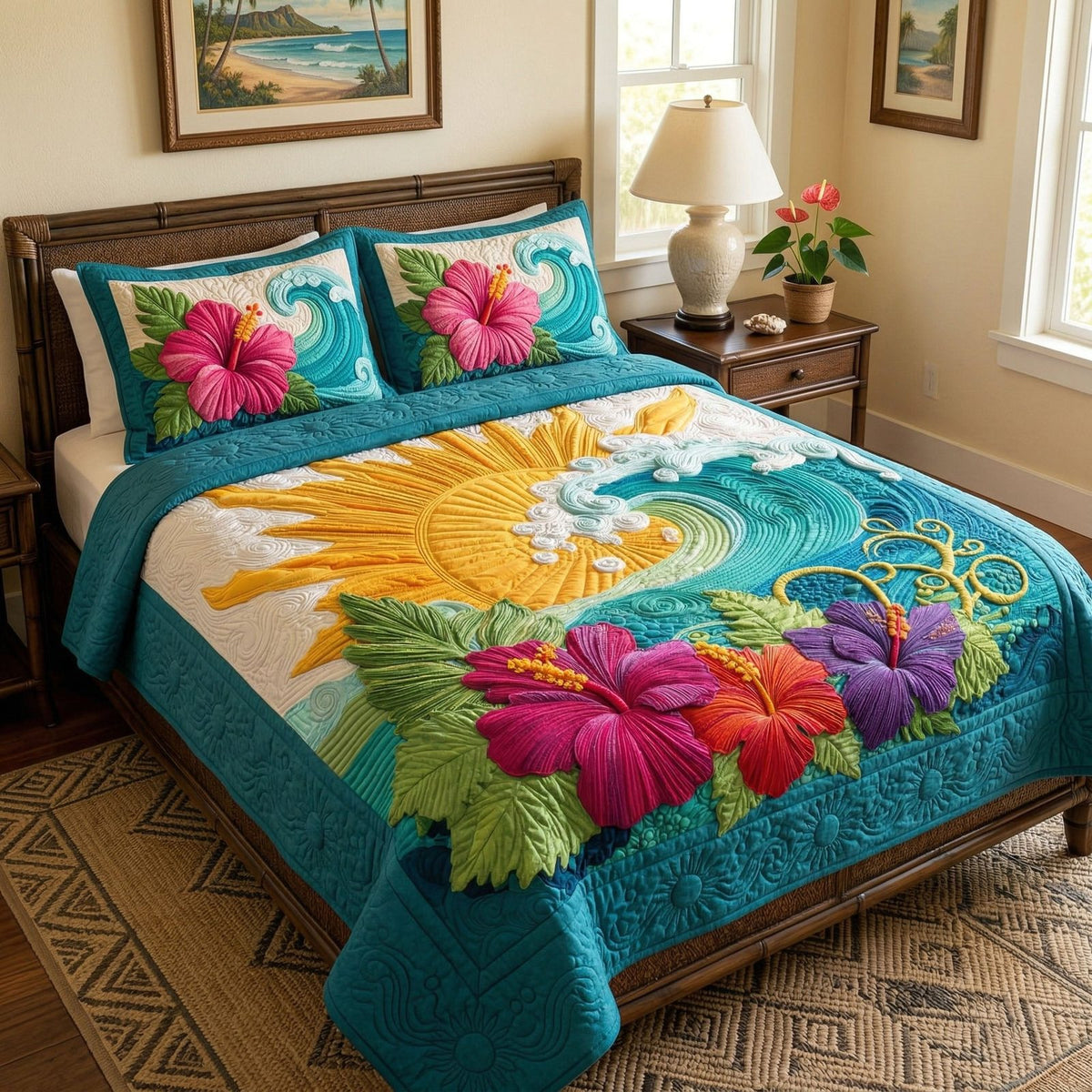 Golden Sun quilted 3-piece bedding set on a made bed with two matching pillow shams