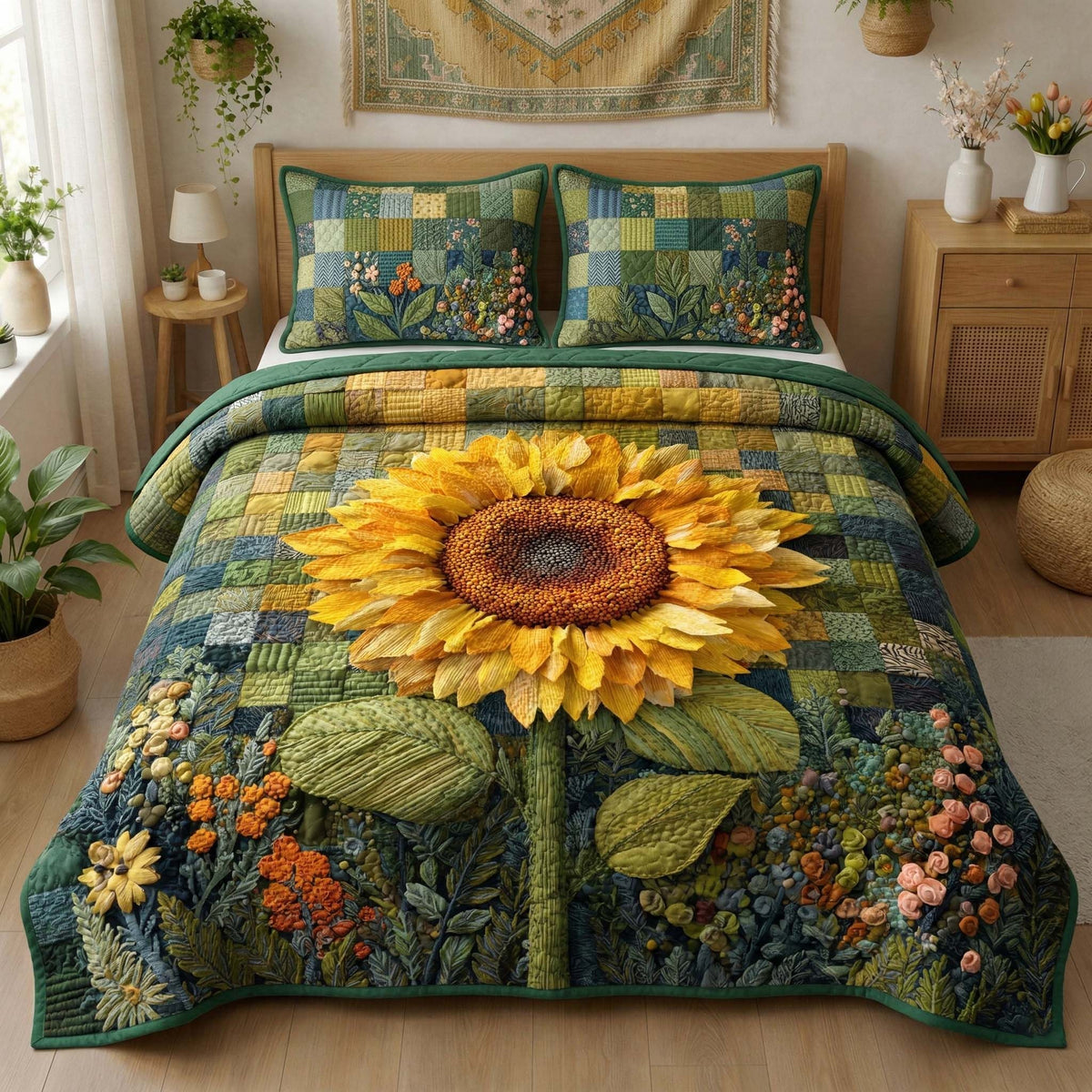 Golden Sunflower quilted 3-piece bedding set on a made bed with two matching pillow shams