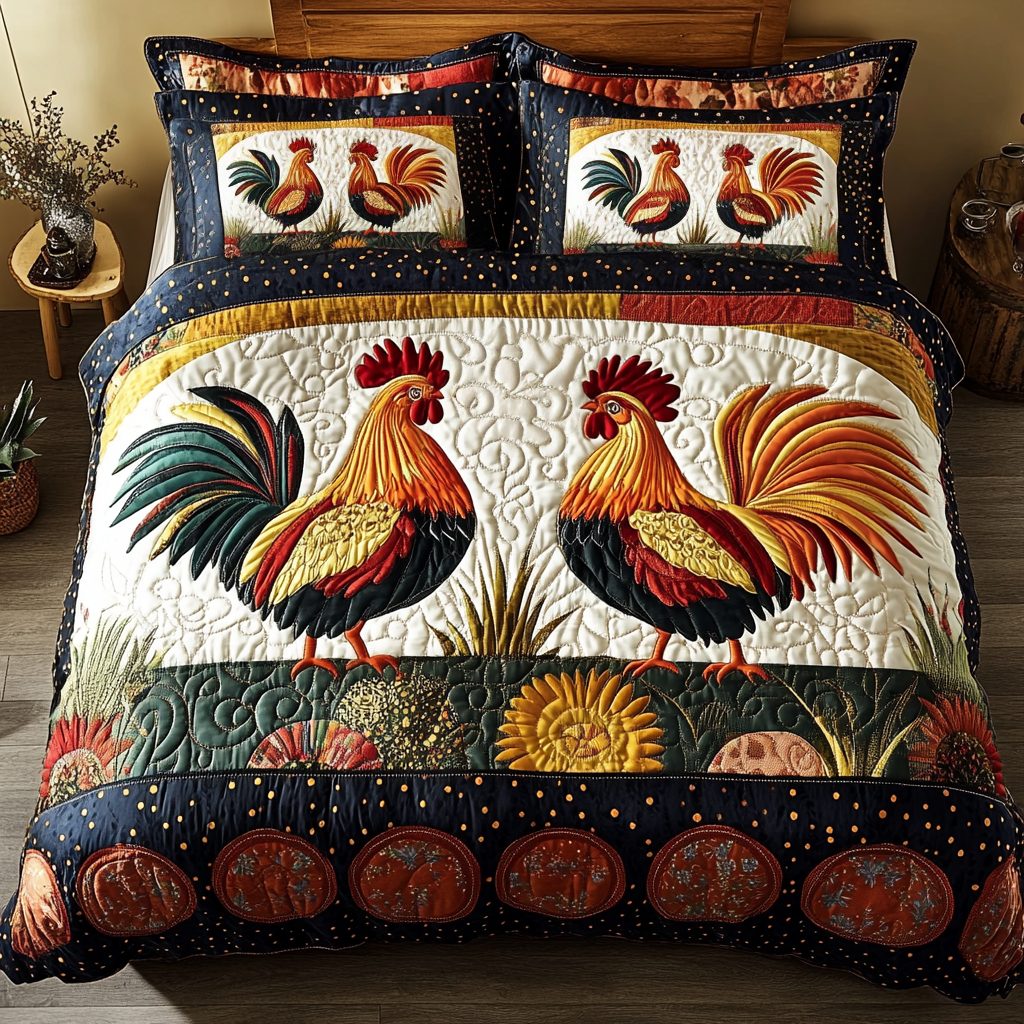 Golden Sunrise quilted 3-piece bedding set on a made bed with two matching pillow shams