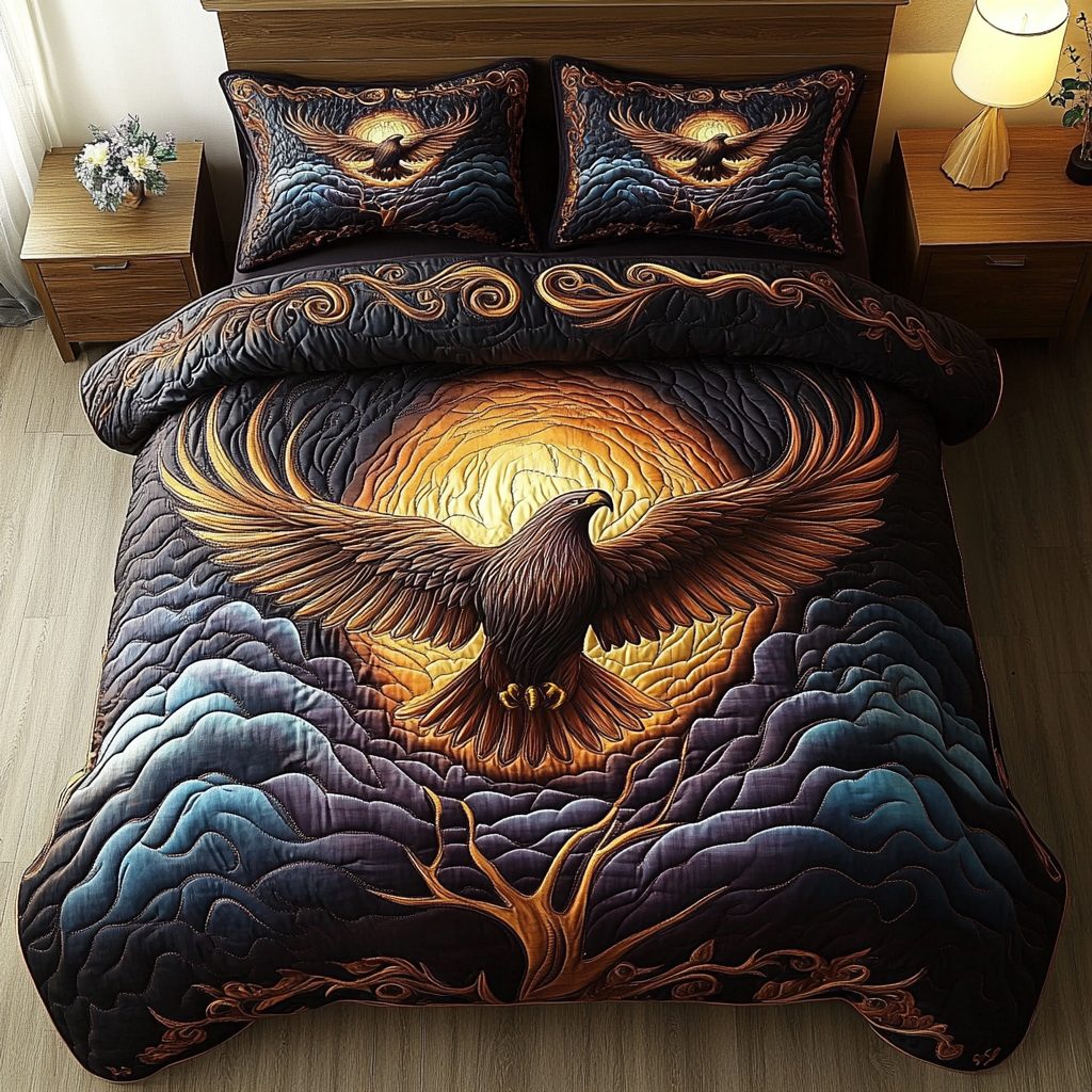 Golden Talon quilted 3-piece bedding set on a made bed with two matching pillow shams