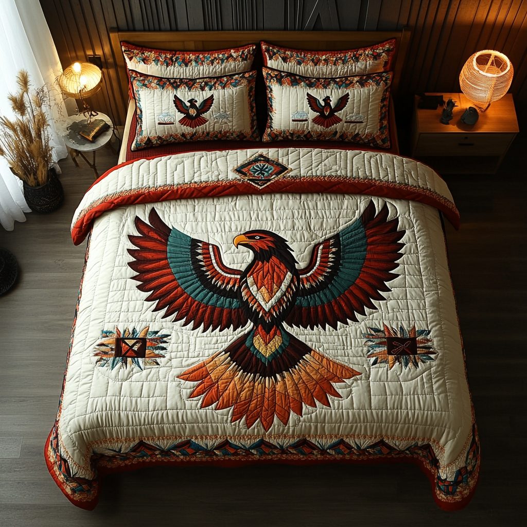 Golden Talon quilted 3-piece bedding set on a made bed with two matching pillow shams