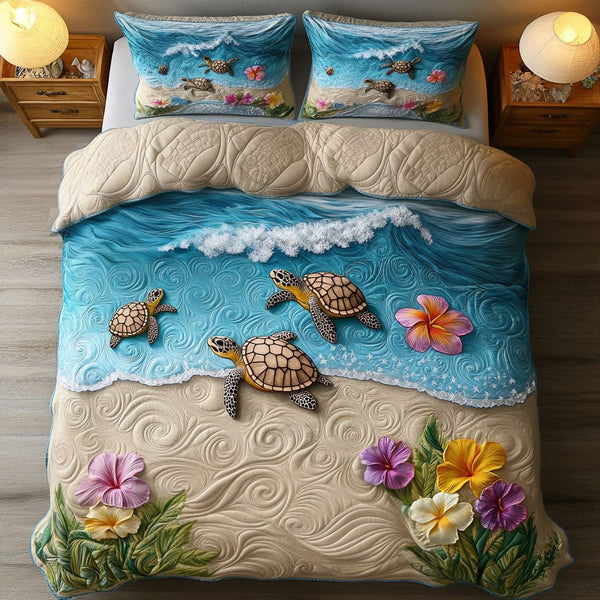Golden Tides quilted 3-piece bedding set on a made bed with two matching pillow shams