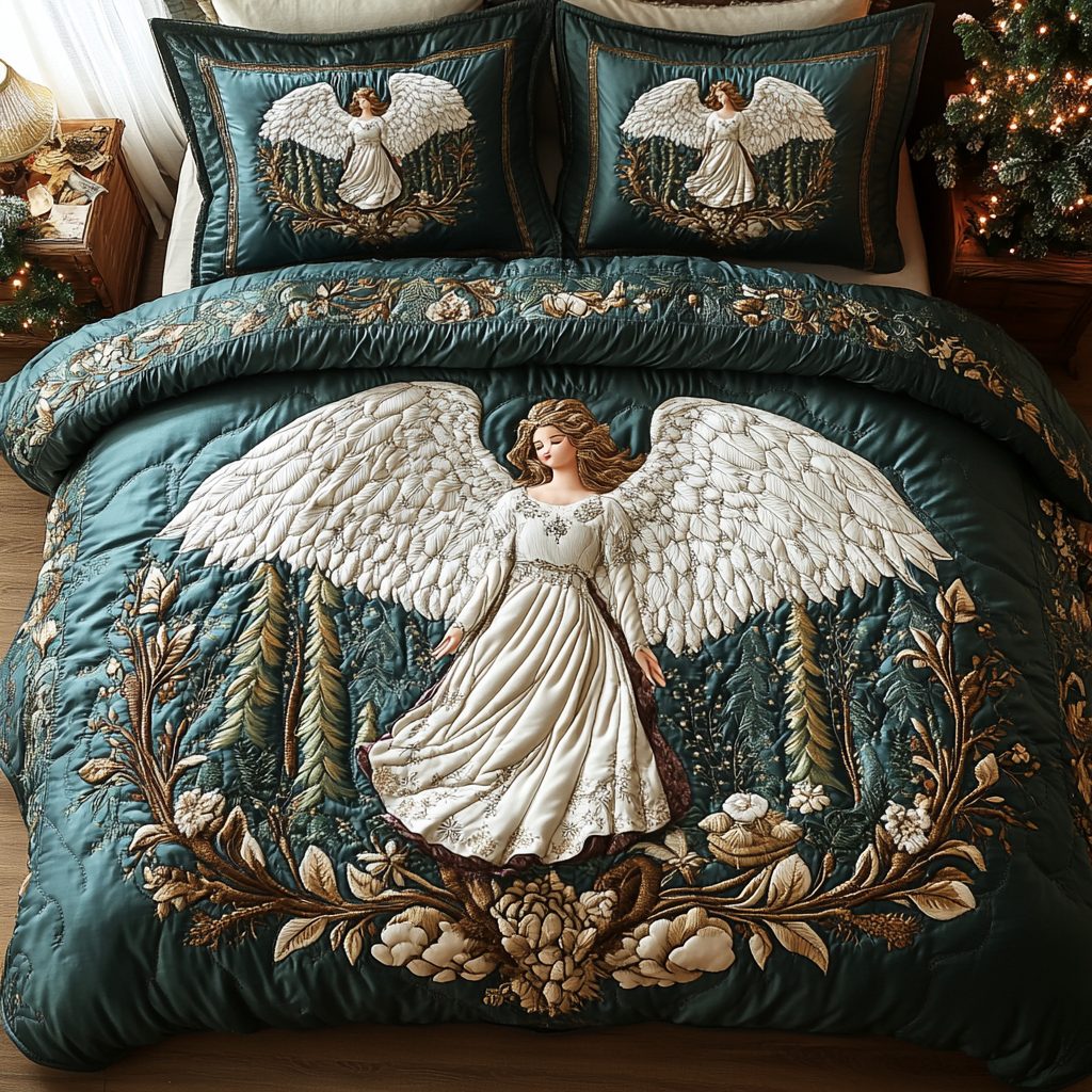 Golden Tidings quilted 3-piece bedding set on a made bed with two matching pillow shams
