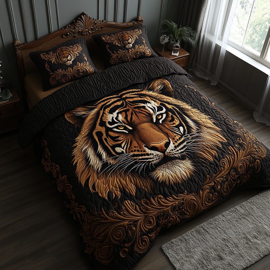 Golden Tiger quilted 3-piece bedding set on a made bed with two matching pillow shams