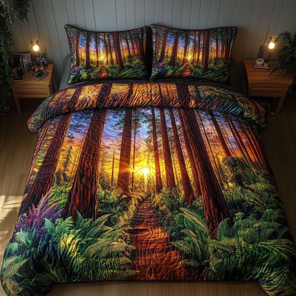Golden Trail quilted 3-piece bedding set on a made bed with two matching pillow shams