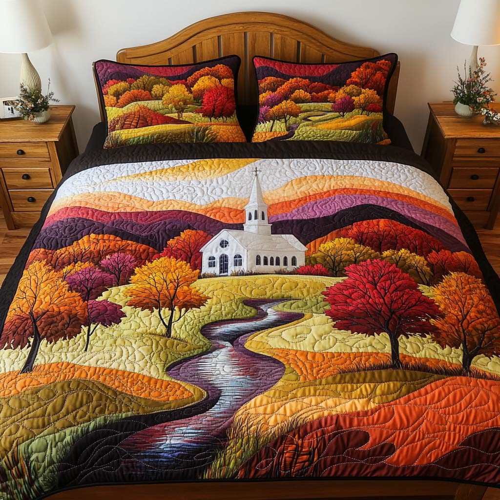 Golden Tree Horizon quilted 3-piece bedding set on a made bed with two matching pillow shams