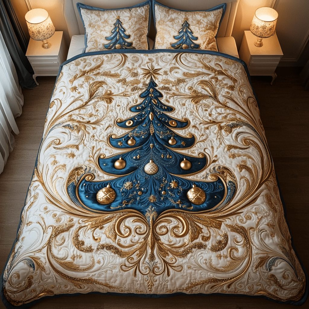 Golden Tree quilted 3-piece bedding set on a made bed with two matching pillow shams