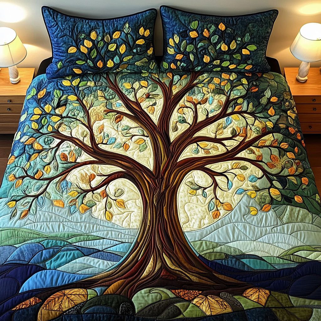 Golden Tree quilted 3-piece bedding set on a made bed with two matching pillow shams