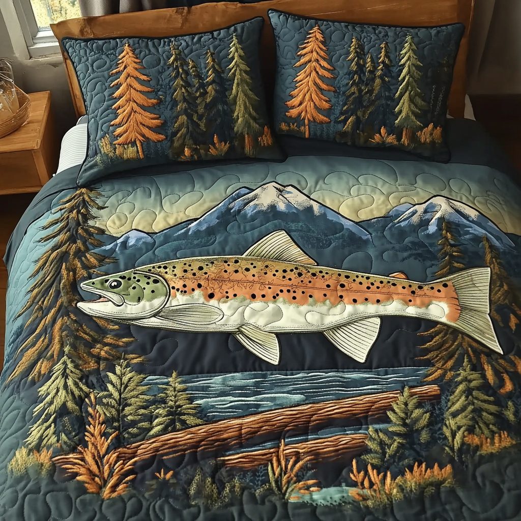 Golden Trout quilted 3-piece bedding set on a made bed with two matching pillow shams
