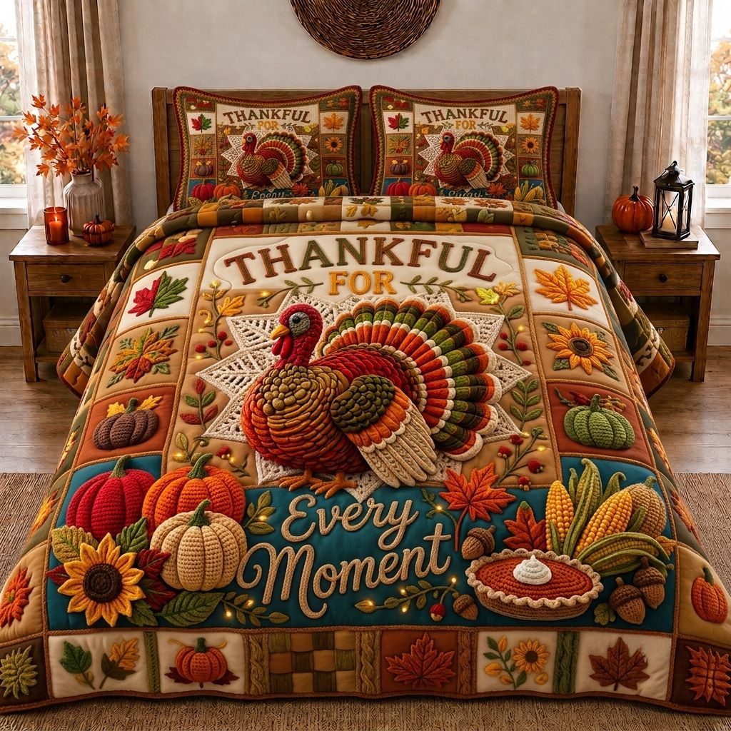 Golden Turkey Season quilted 3-piece bedding set on a made bed with two matching pillow shams