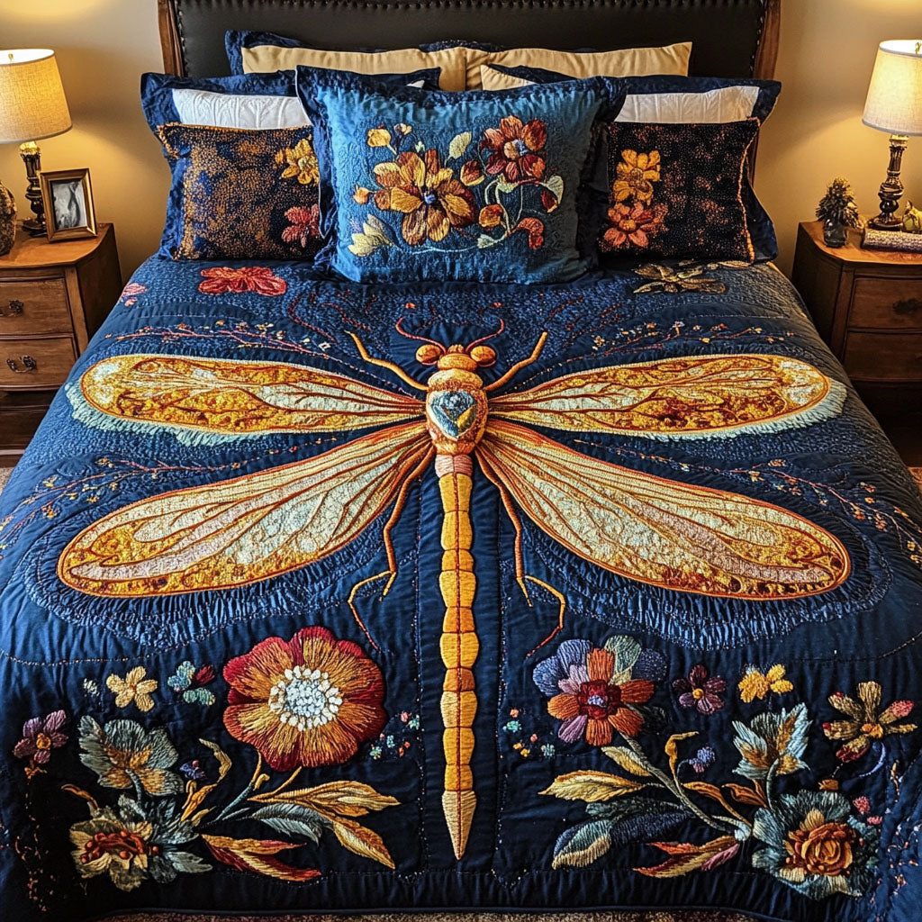 Golden Twilight quilted 3-piece bedding set on a made bed with two matching pillow shams