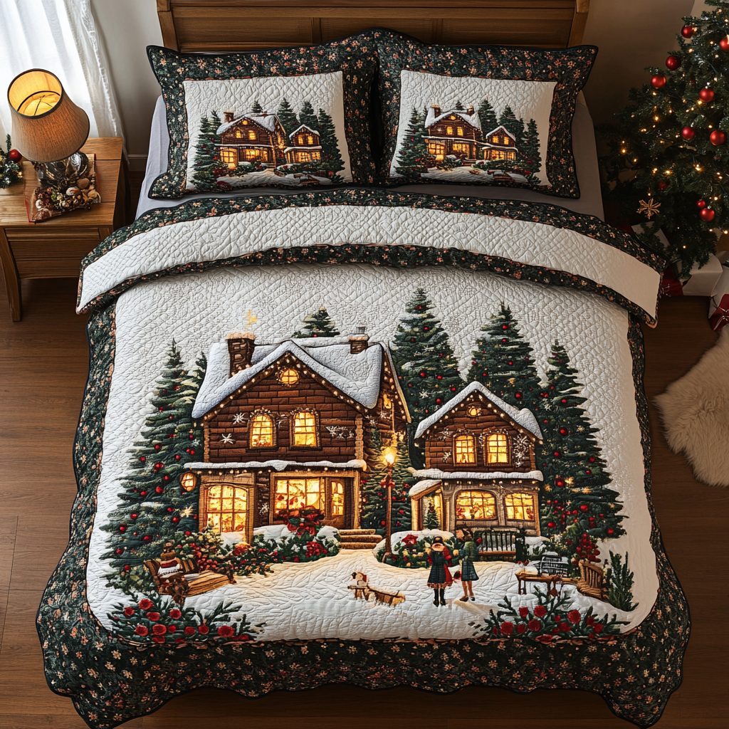 Golden Village quilted 3-piece bedding set on a made bed with two matching pillow shams