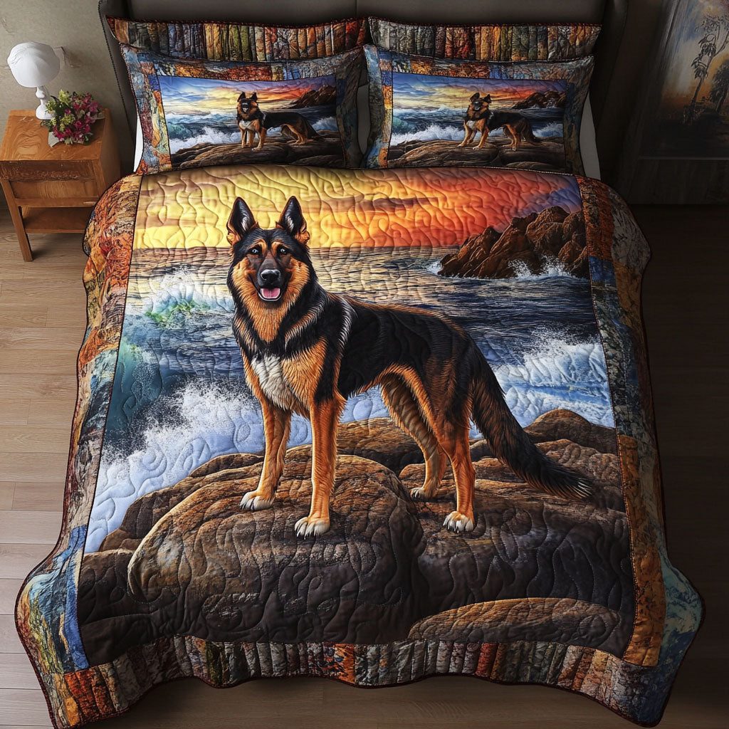 Golden Watch quilted 3-piece bedding set on a made bed with two matching pillow shams