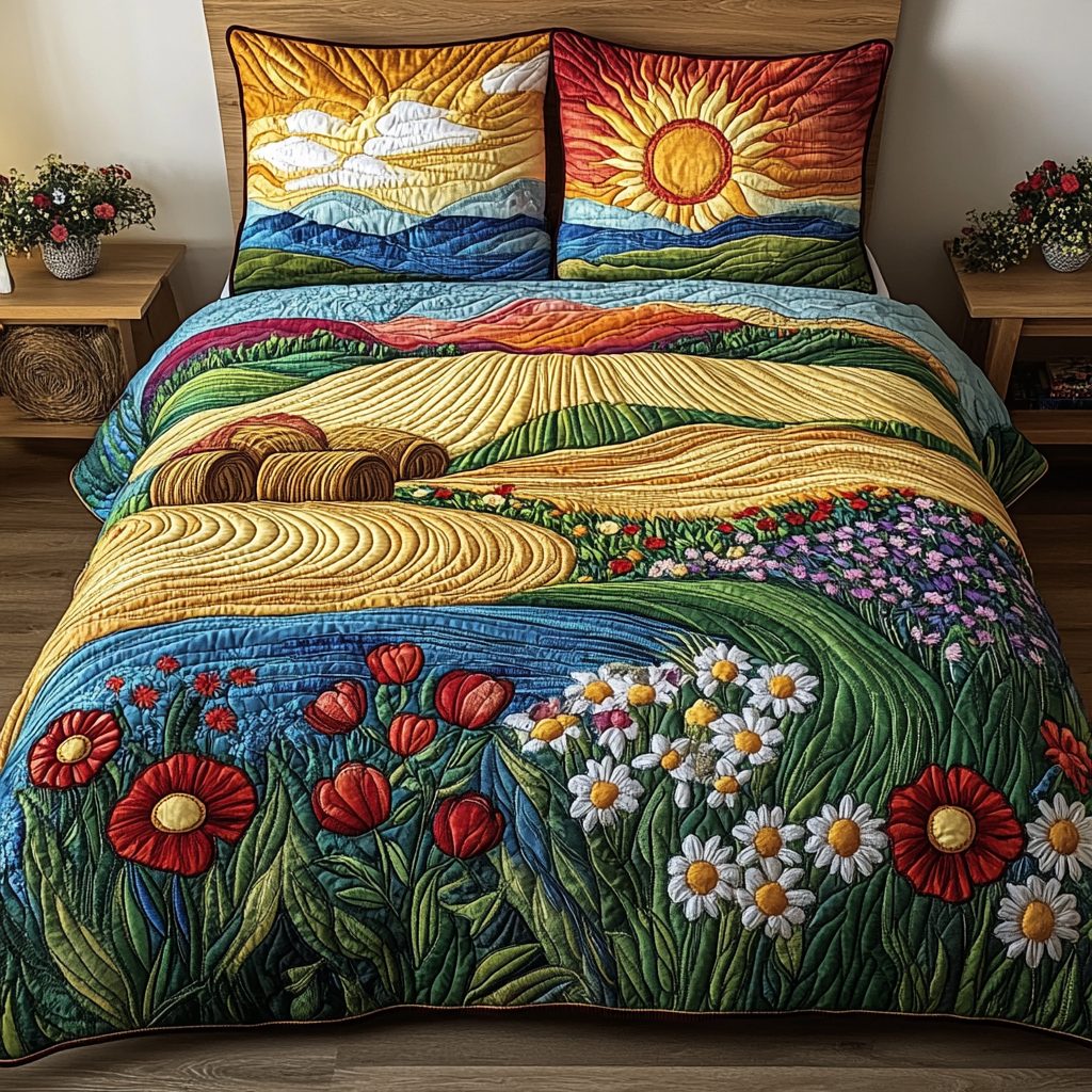 Golden Wheat quilted 3-piece bedding set on a made bed with two matching pillow shams
