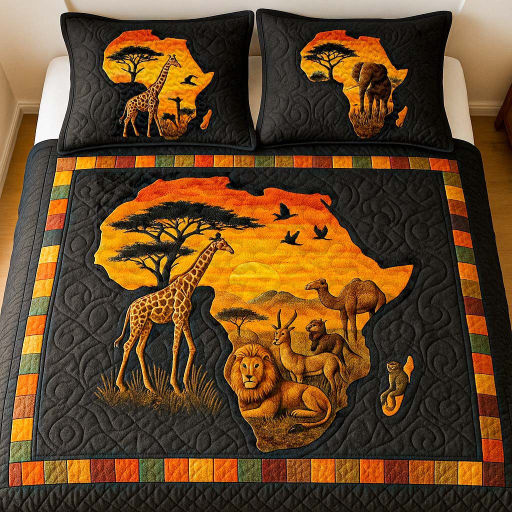 Golden Wildlife Scene quilted 3-piece bedding set on a made bed with two matching pillow shams