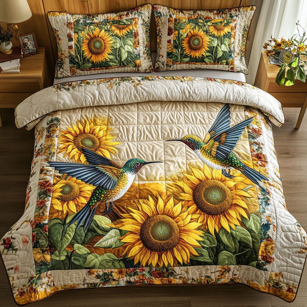 Golden Wings quilted 3-piece bedding set on a made bed with two matching pillow shams