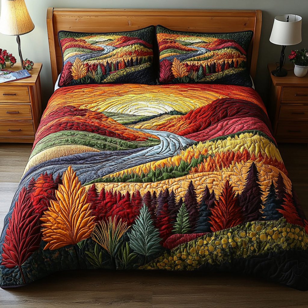 Golden Woods quilted 3-piece bedding set on a made bed with two matching pillow shams