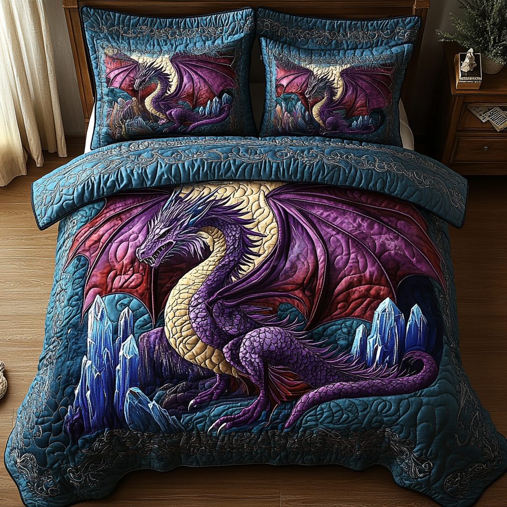 Golden Wyrm quilted 3-piece bedding set on a made bed with two matching pillow shams