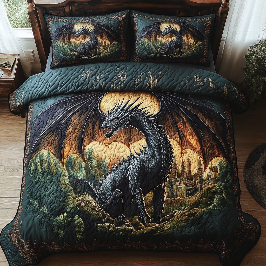 Golden Wyrm quilted 3-piece bedding set on a made bed with two matching pillow shams