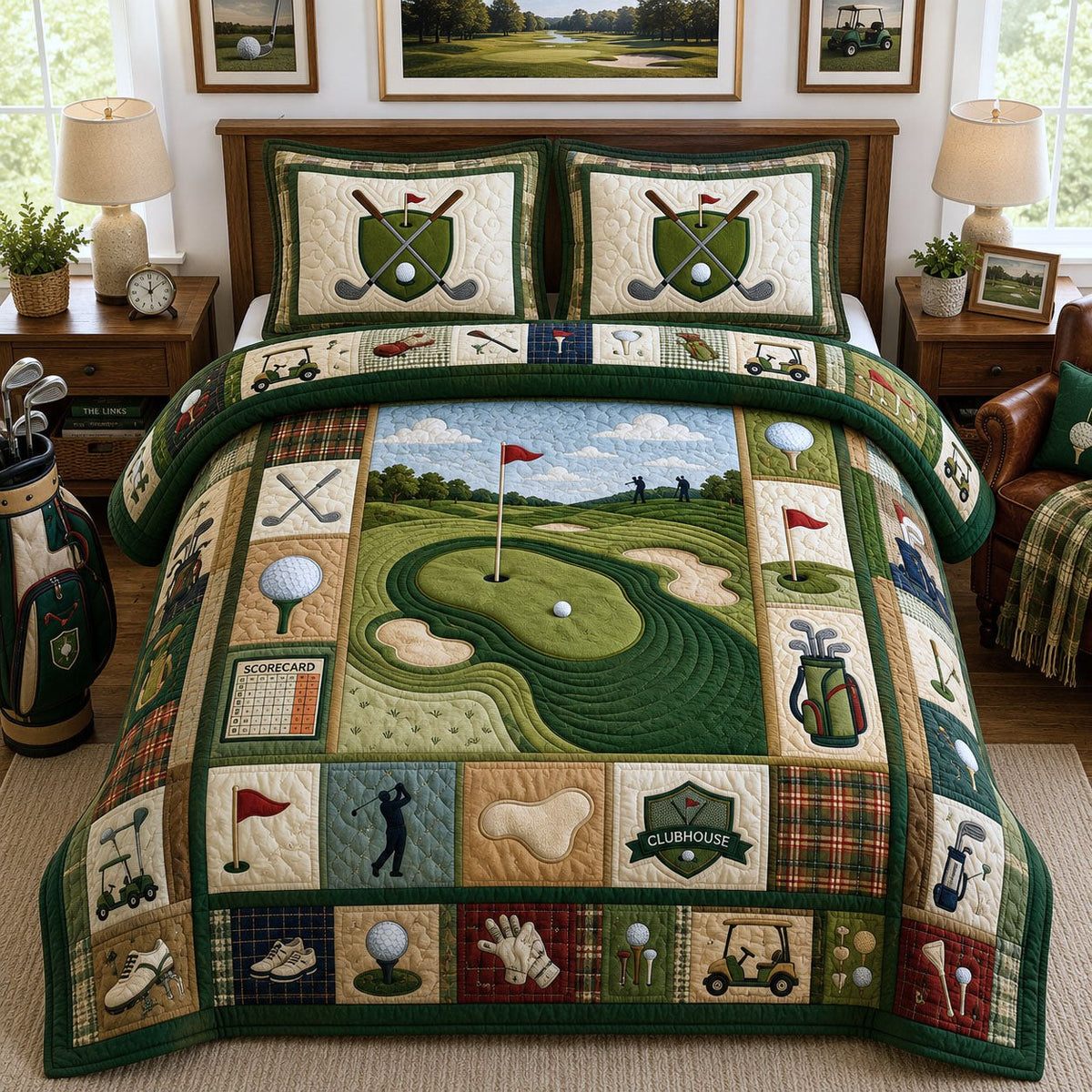 Golf Club quilted 3-piece bedding set on a made bed with two matching pillow shams
