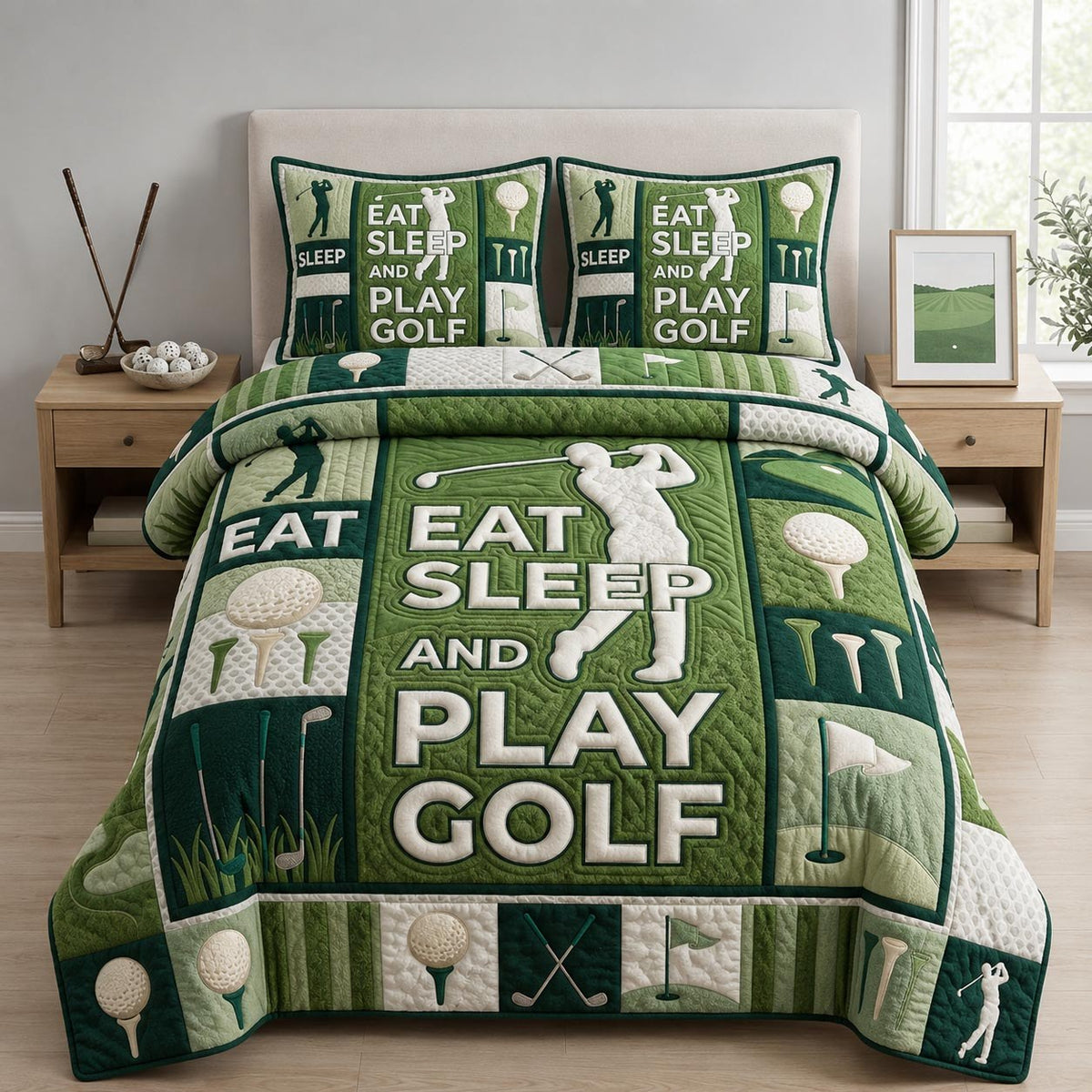 Golf Course quilted 3-piece bedding set on a made bed with two matching pillow shams