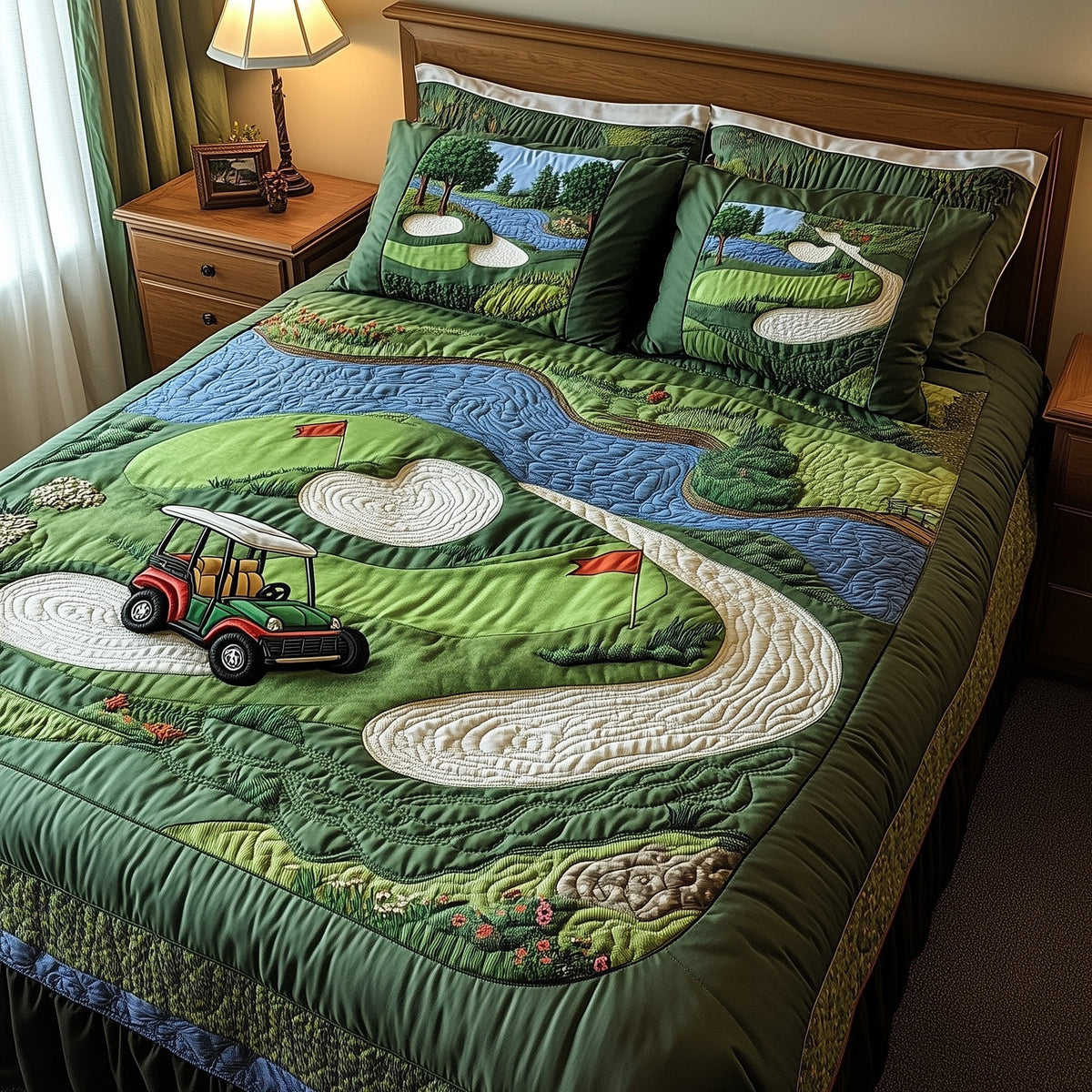 Golf Course quilted 3-piece bedding set on a made bed with two matching pillow shams