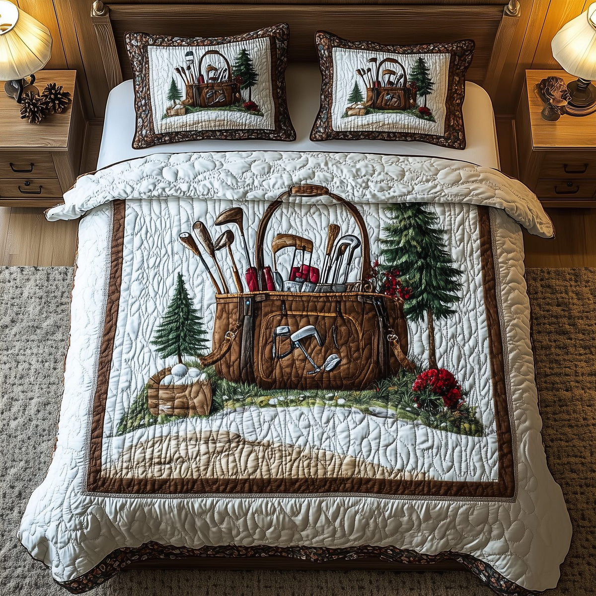 Golf Life quilted 3-piece bedding set on a made bed with two matching pillow shams