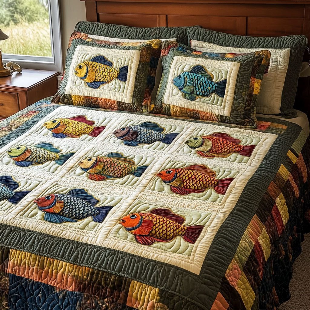 Gone Fishing quilted 3-piece bedding set on a made bed with two matching pillow shams