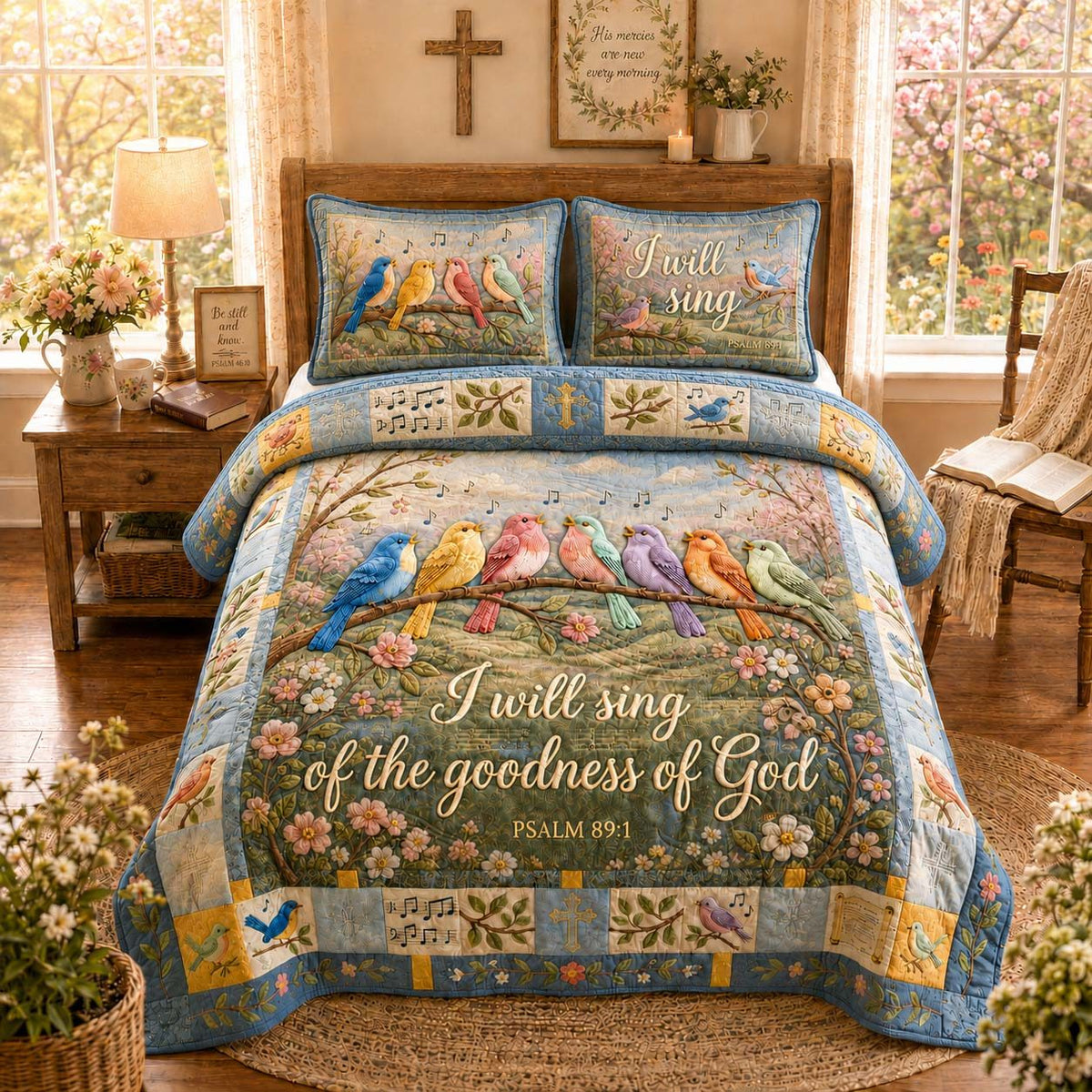 Goodness Song Birds quilted 3-piece bedding set on a made bed with two matching pillow shams