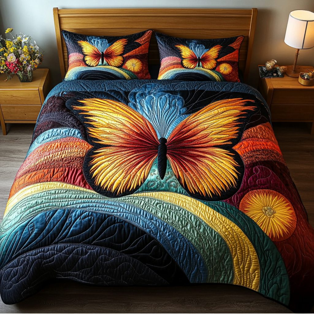 Gossamer Glide quilted 3-piece bedding set on a made bed with two matching pillow shams