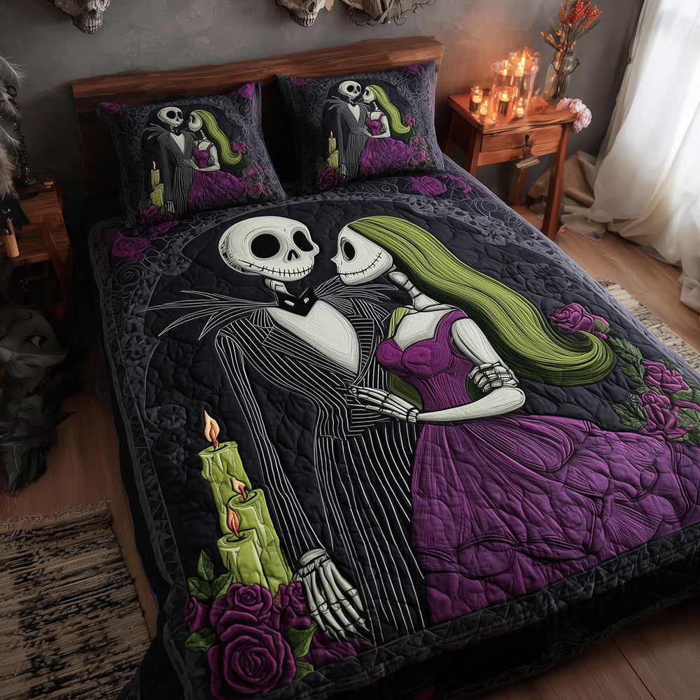 Gothic Love quilted 3-piece bedding set on a made bed against a dark styled interior