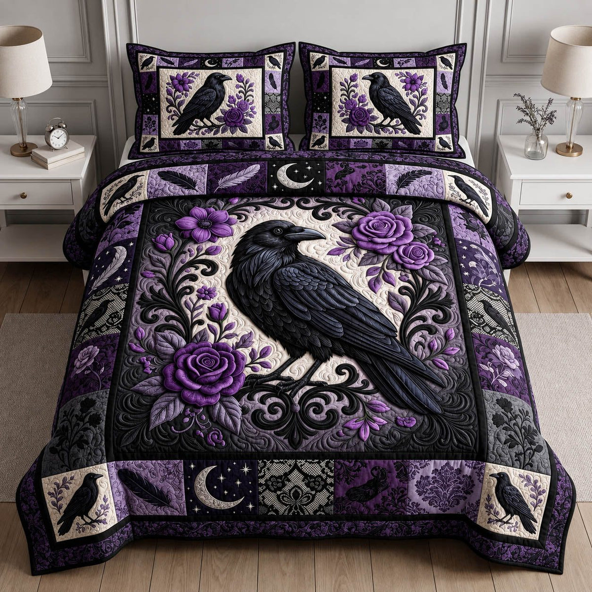Gothic Raven quilted 3-piece bedding set on a made bed against a dark styled interior