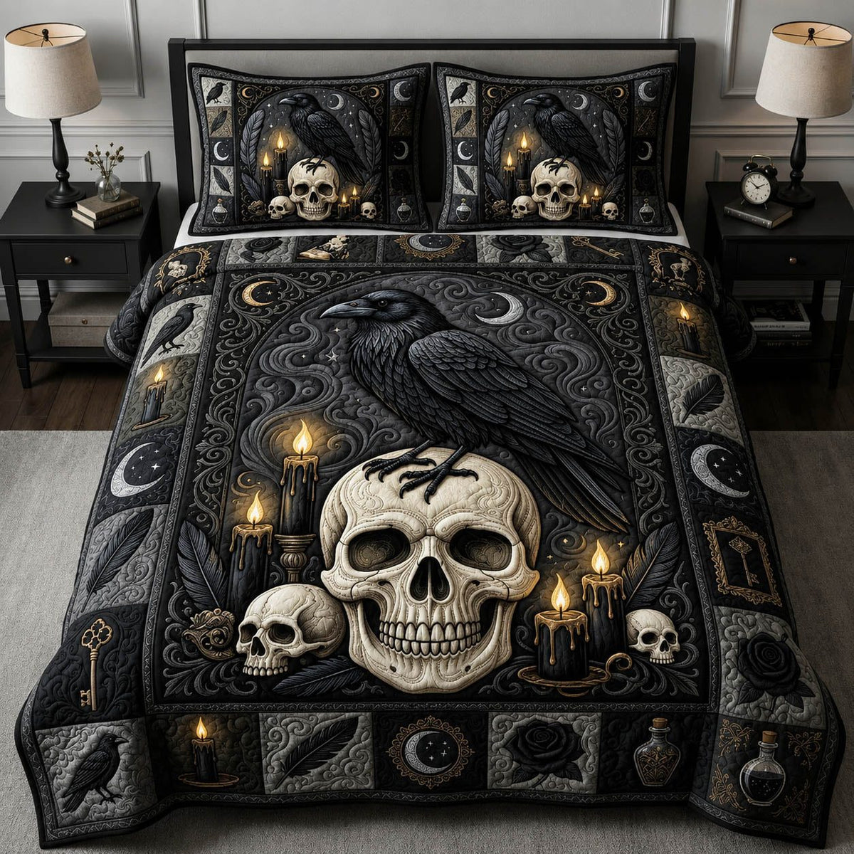 Gothic Raven Skull quilted 3-piece bedding set on a made bed against a dark styled interior