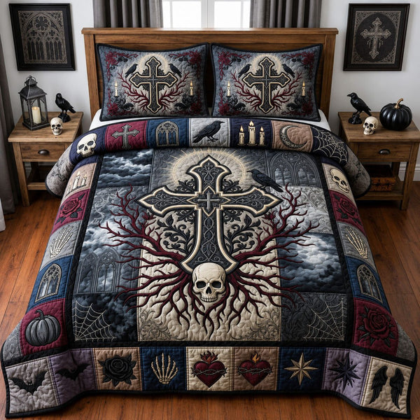 Gothic Skull Cross quilted 3-piece bedding set on a made bed against a dark styled interior