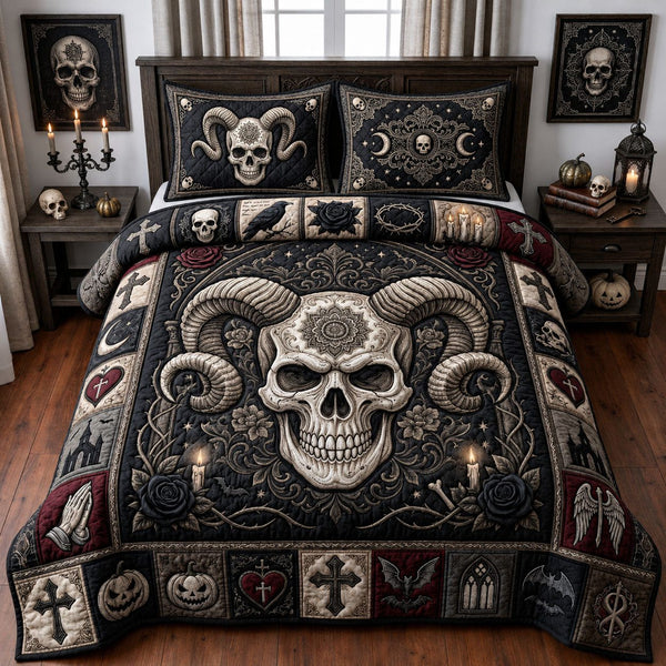 Gothic Skull Cross quilted 3-piece bedding set on a made bed against a dark styled interior