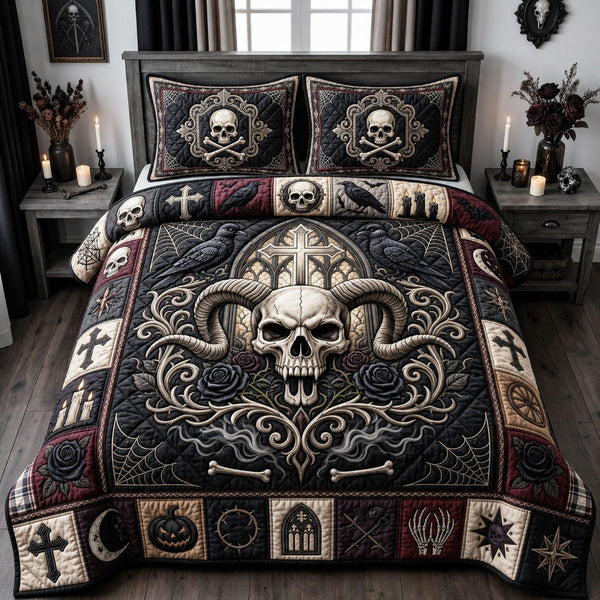 Gothic Skull Cross quilted 3-piece bedding set on a made bed against a dark styled interior